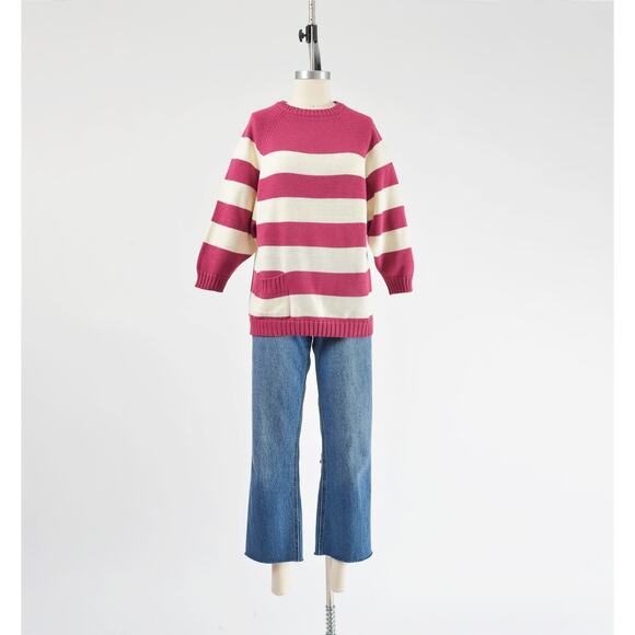 Vintage 80s Striped White Raspberry Acrylic Raglan Sleeve Sweater with Pocket - Picture 2 of 8